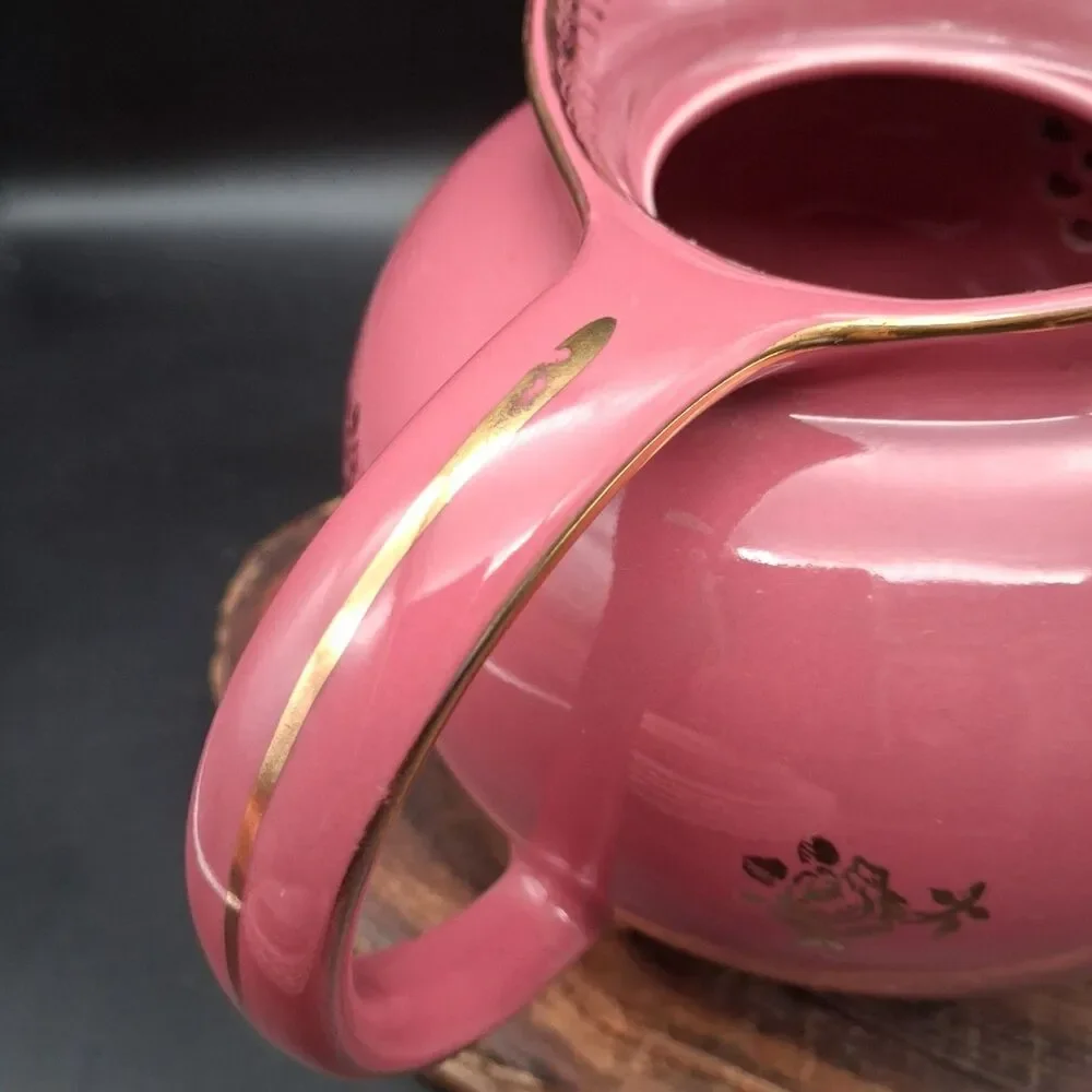 Vintage Hall China Windshield Teapot 6 Cup Orchid Pink Mauve Gold Roses 0691